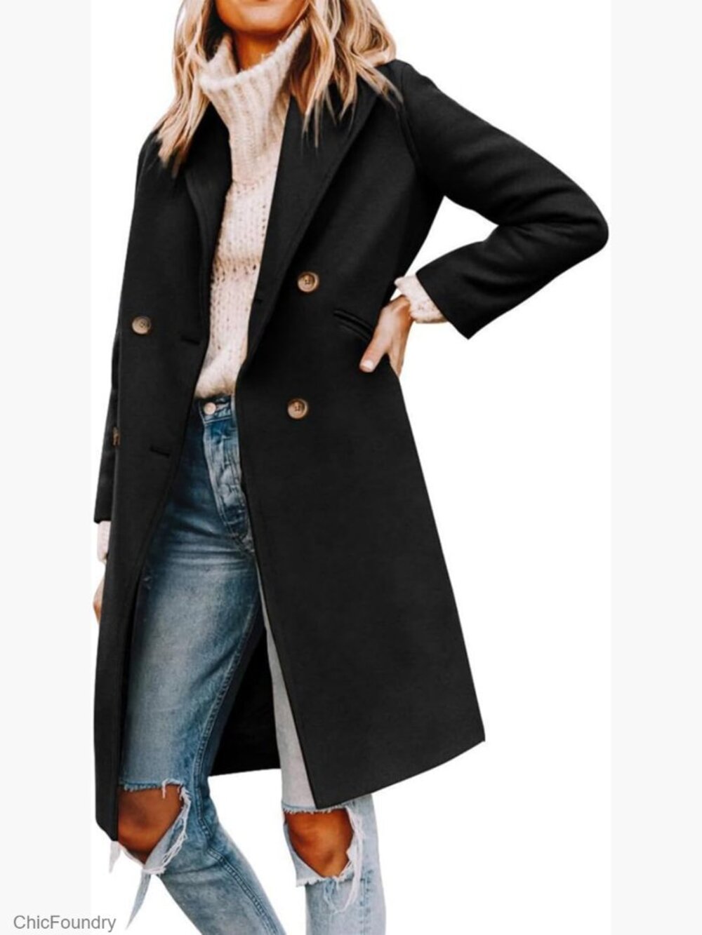 Wool Blend Double-breasted Trench Coat Notch Lapel Knee Length - Picture 1 of 4